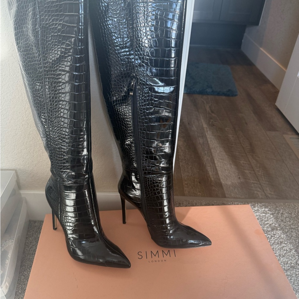 Black Croc-Embossed Knee-High Stiletto Boots